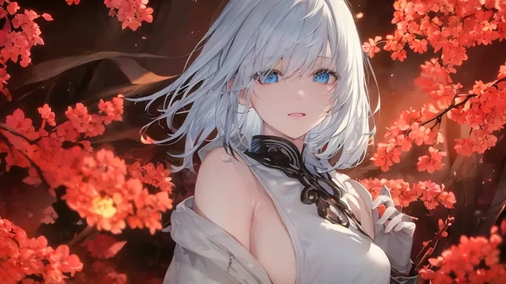  white hoodie、black shirt、Ultra HD,watch viewers, and, 20 years old, 非常にshort hair,  long bangs between eyes ,  pale blue eyes, very detailed,(masterpiece、top quality),Gray Hair、Laughter、amazing,  Silver Hair,  iris, Small face、明るいsmile、(detailed face) ,pr...