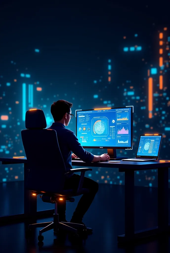 A futuristic illustration of a freelancer working remotely in an immersive digital environment. There is a holographic interface surrounding the computer screen, showing charts, client and project chat. The background has a dark, professional tone, with de...