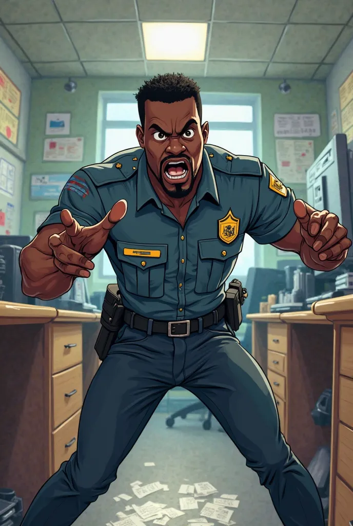 African Black cartoon of criminal investigation officer in an office startled