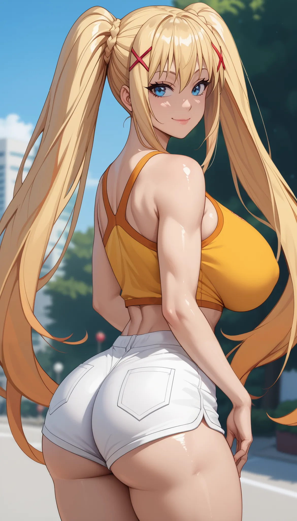 score_9, score_8_up, score_7_up, source_ anime、TOP QUALITY、8k、 masterpiece、Ultra High Definition、 natural light、perfect anatomy、 one woman、huge Breasts、saggy breasts、Darkness、 blonde hair, very long hair, twintails hair, orange tips,blue eyes 、 cute face、n...