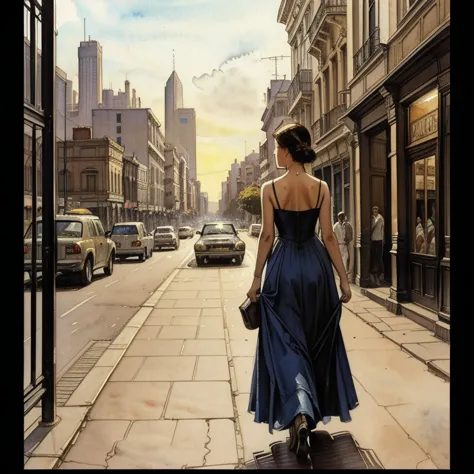 BUENOS AIRES,watercolor,  elegant,Painting of a street in a city, inspired by Raymond Leech, pintura digital  elegant, James Gurney painting style, by Raymond Leech, Nick Alm, digital art of an elegant, by Roman Bezpalkiv, a beautiful artistic illustration...