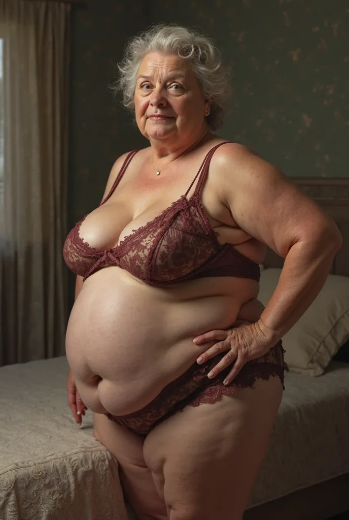 Chubby old woman wearing silk lingerie and cameltoe 