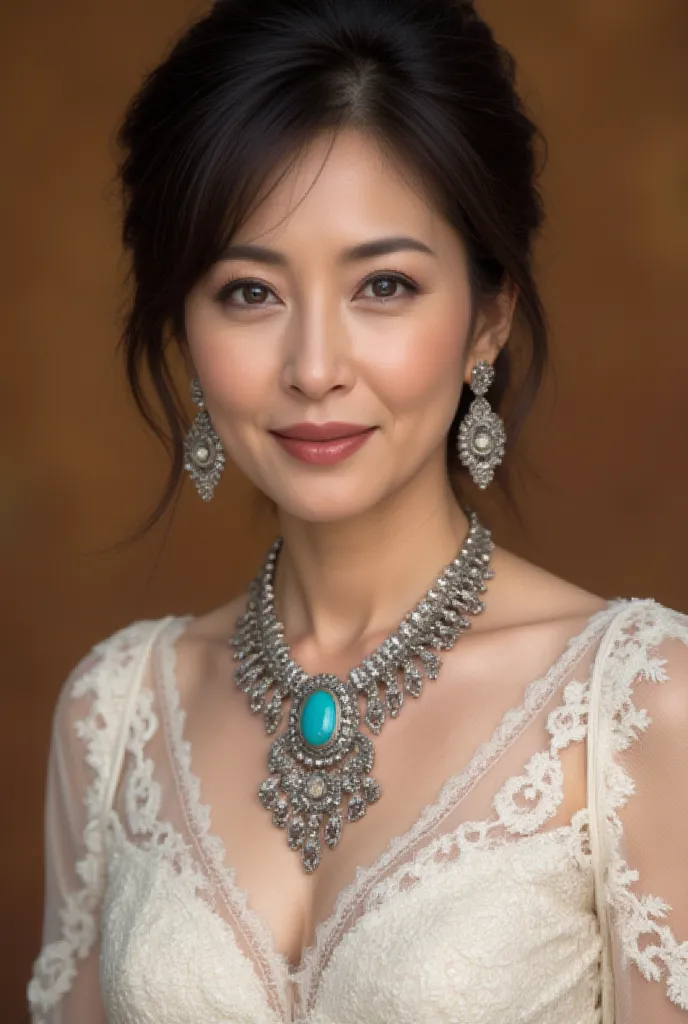 
A close-up portrait of a vibrant and curvy 50-year-old Japanese woman wearing a bold, bohemian-inspired wedding dress. The gown features a mix of lace, crochet patterns, and sheer flowing layers, creating a unique fusion of modern and ethnic bridal fashio...