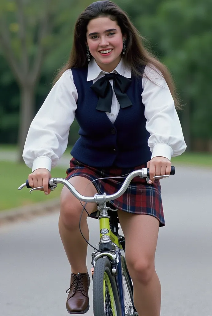 While hiking, a 17-year-old transcendental beautiful girl, Jennifer Connelly is happily riding a colorful road bike in her high school uniform、She has a radiant smile on her face.、A white satin blouse with fluffy glossy sleeves and a black bow tie and a gl...