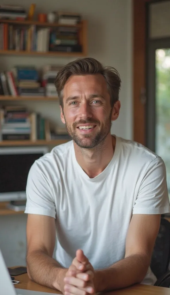 A well-educated and simple man sits in his modest yet well-organized room, wearing a plain white T-shirt. He has a calm and friendly demeanor, with neatly combed hair and a warm, approachable expression. Behind him, a bookshelf filled with neatly arranged ...