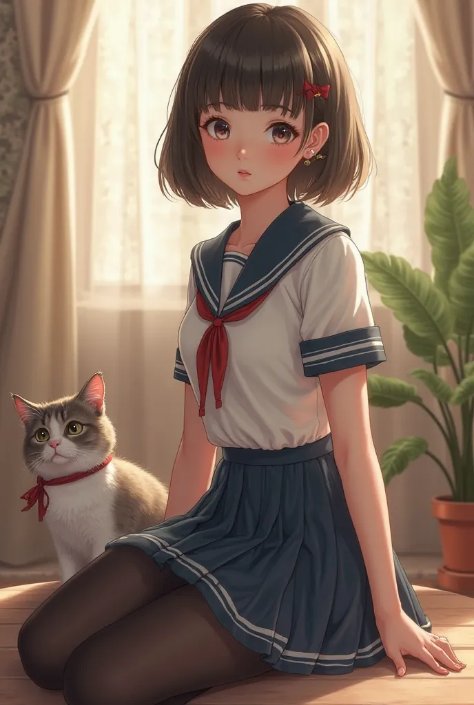  girl。sailor suit。hairstyle is bob。black tights。There is a cat。soft light。real like the picture。