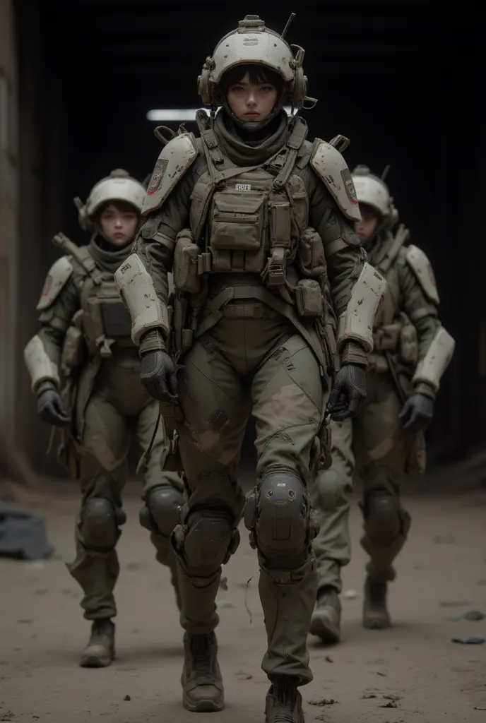 Realistic near future, realistic expression, giant robot weapons like ARMORED CORE are placed in an old hangar, beautiful Japanese women of the Allied Special Forces wearing well-worn heavy battle armor prepare for a sortie, futuristic headgear, accurate a...