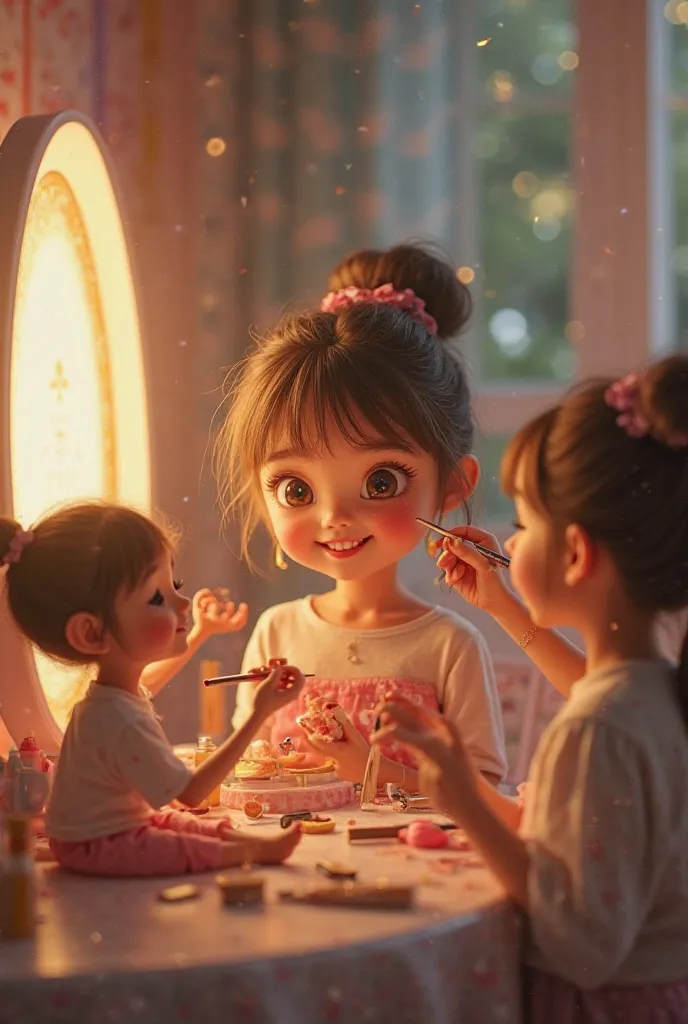 "Create a charming and playful scene where a young girl is sitting while several small ren excitedly do her makeup. Some ren are gently brushing her cheeks, one is carefully applying lipstick, and others are styling her hair with tiny hands. The girl smile...