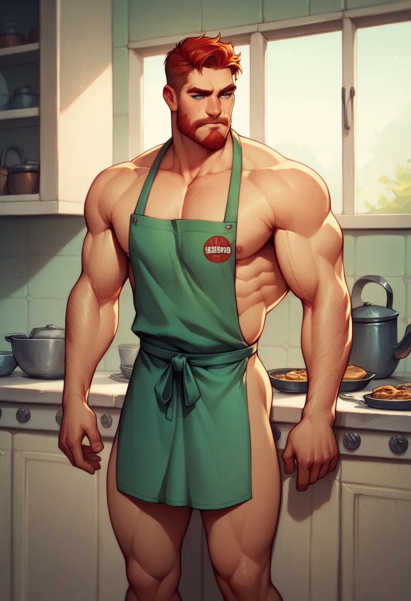 top quality　the father of a macho giant with a big, strong figure　Big, strong pectoral muscles　 red hair 　Wild beard　long, unkempt hair　naked apron　 standing in the kitchen 