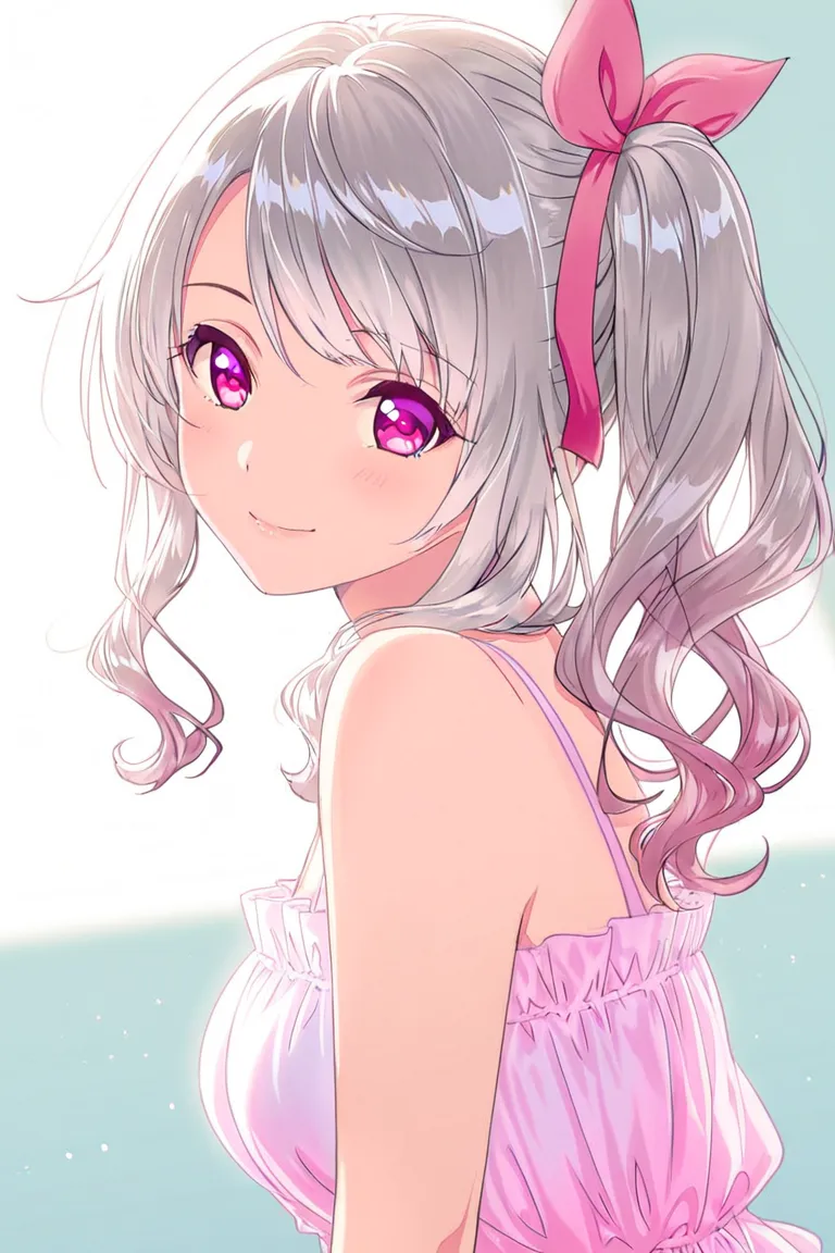 She is a beautiful girl with long, wavy silver hair tied in a loose side ponytail with a pink ribbon. Her soft pink eyes and gentle smile give her a dreamy and charming appearance, enhanced by her pastel outfit and delicate accessories.