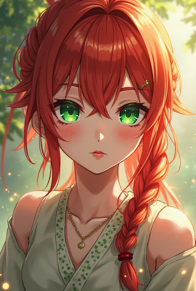 A red-haired girl with green eyes in Genshin Impact's drawing style 