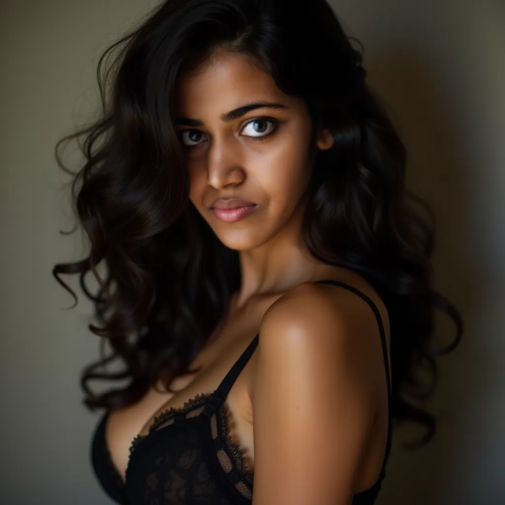 A young, FAIR-brown-skinned woman WHO IS PLUMP,  is featured in a close-up portrait.  She is positioned slightly off-center to the left of the frame, angled towards the camera.  Her dark black slighly curly hair cascades down in loose,  framing her face.  ...