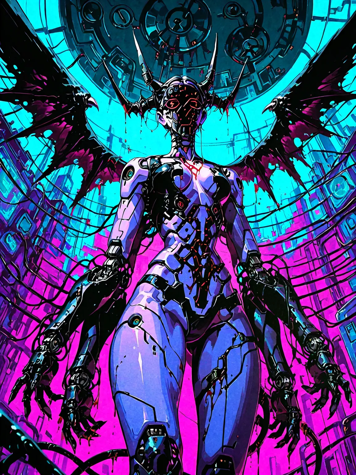 ((foreground))((Flat to face))((low angle)) ((NAKED)): Chica demonio, purple skin, TAIL, black wings ,Horns,  four arms , NAKED,  robotic circuits , breasts, devices futuristic,circuits, blood. Background: cyberpunk city. dark atmosphere.