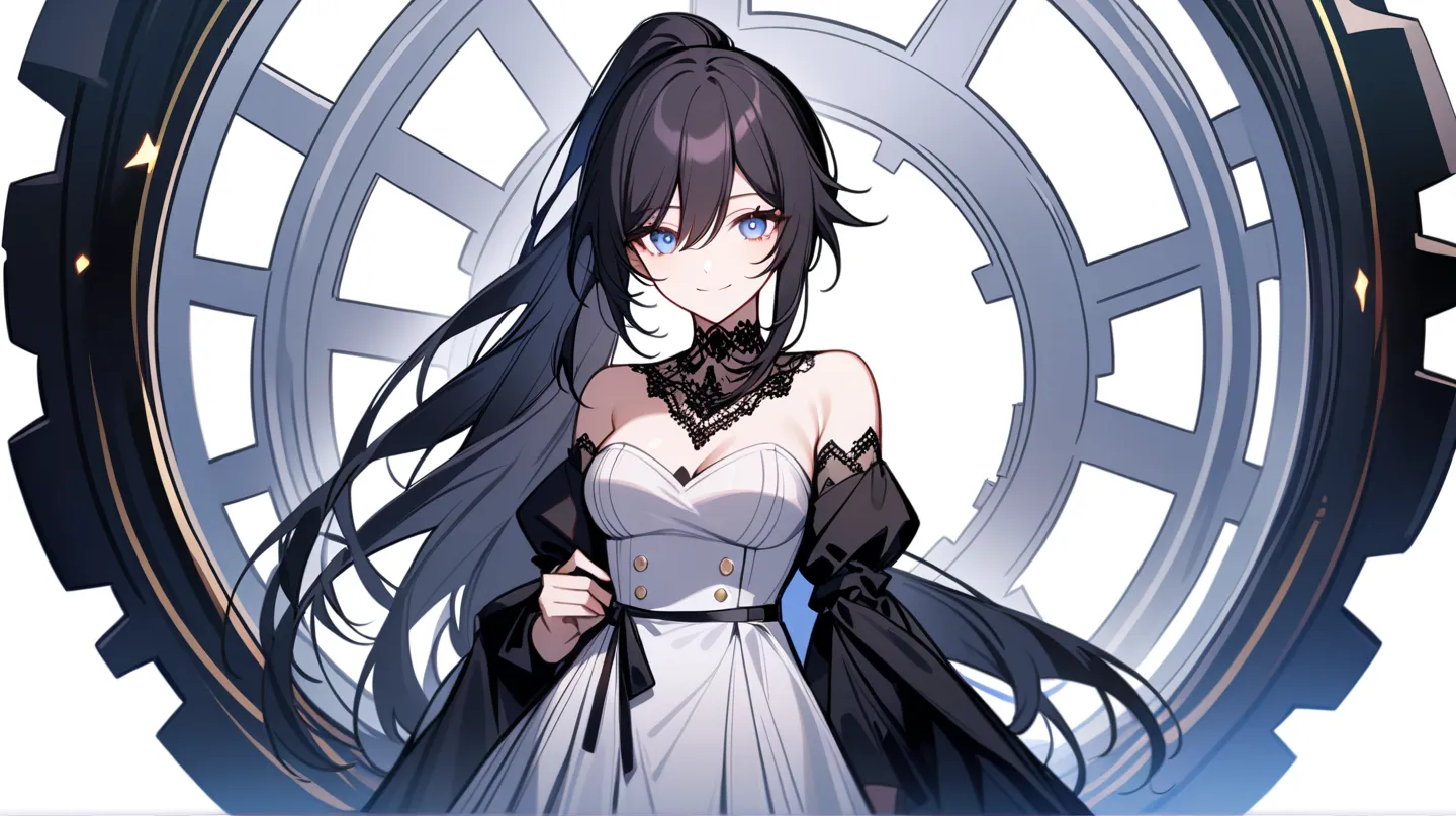 1 girl, Honkai Impact 3rd, tied in a ponytail, smile long hairมาก,  black hair, breasts,Blue eyes, smile,Blue and silver dress, Puffy arms  , lace collar   ,  long hair , miniskirt  ,  blouse open shoulders  , Young woman ,  looks at the viewer, Black Ribb...