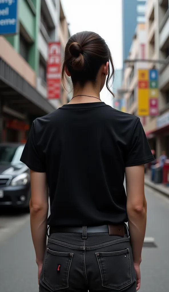 A Korean woman seen from behind, wearing a plain black T-shirt with the shirt clearly visible and unobstructed by her hair. Her hair is neatly tied up or styled away from the back, showing the T-shirt clearly. She has thick thighs and stands on a sidewalk ...