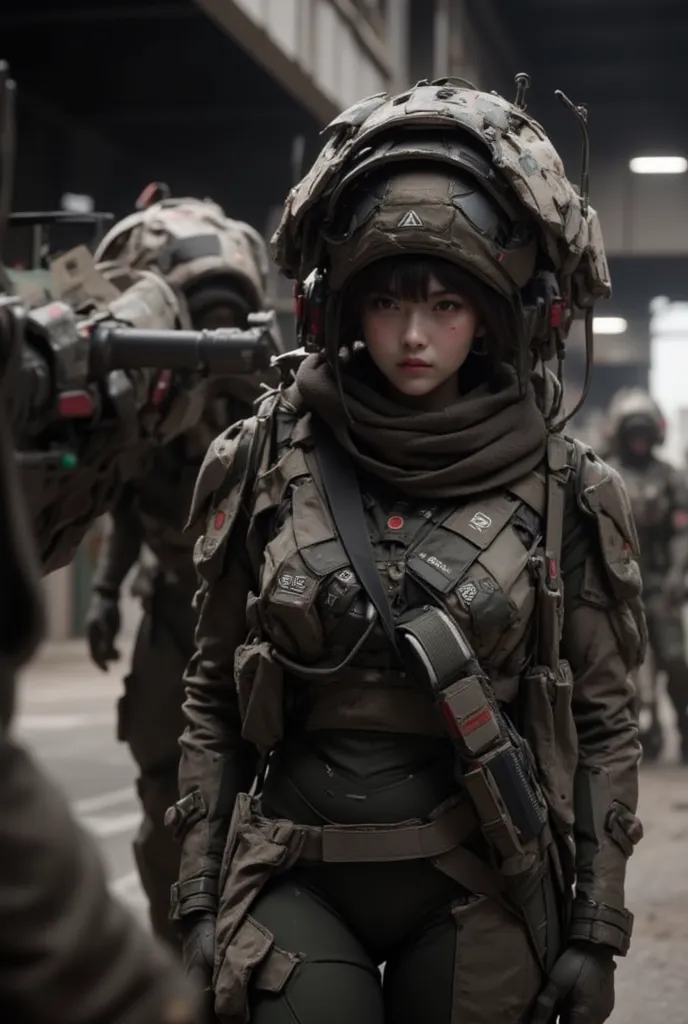 Realistic near future, realistic expression, giant robot weapons like ARMORED CORE are placed in an old hangar, beautiful Japanese women of the Allied Special Forces wearing well-worn heavy battle armor prepare for a sortie, futuristic headgear, accurate a...