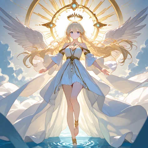 A young angel, 18 years old, floats gently above a soft, white cloud, surrounded by a vast celestial sky bathed in warm sunlight. The horizon stretches infinitely, filled with soft hues of blue and gold, casting an ethereal glow over the scene.

Her long, ...