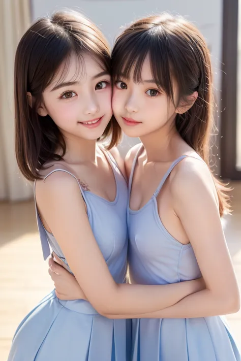   detailed realism ,2 young Japanese girl,  (2 hugging girls each other:1.3),  Turning the Body Sideways    , Symmetrical posture, (Cheek to chest:1.4) , (Very cute and young face :2.0), (short height:1.6) , (school costume:1.4), (partially undressed aroun...