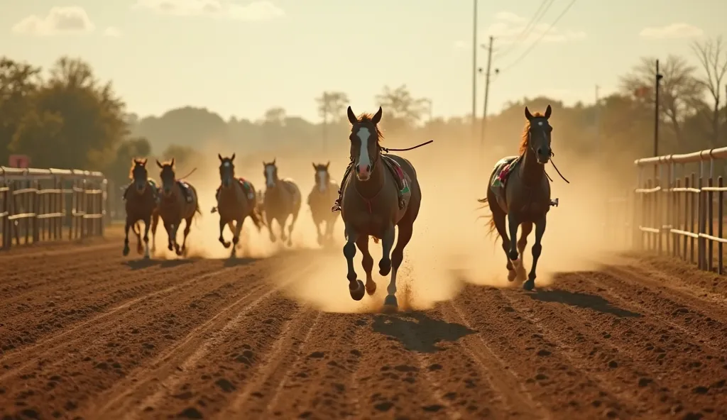 A wide shot of a bright, sunny day in a historical Brazilian setting. Several horses are running freely on a well-defined racetrack, kicking up dust as they gallop. There are no riders on the horses. The scene focuses on the track, showing its texture and ...