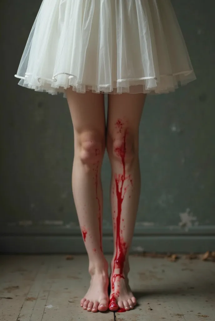 Photograph of the legs of a  girl, legs while wearing a stylish white skirt "lolita" and innocent and what do you see a thread of blood spilling on the inside of their thighs as a visual metaphor for abuse 