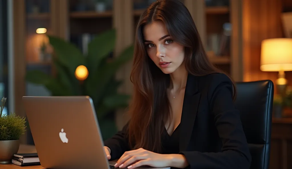 Beautiful woman, long flowing brunette hair, thick long lashes,  European features, typing on her laptop, detailled eyes, nose, and lips, wear a professional outfit, black jacket suit, Sitting in your office, with your computer, hp computer (best quality,4...