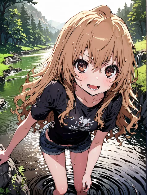 score_9, score_8_up, score_7_up, source_anime,
Taigaisaka, Aisaka Taiga, long hair, brown hair, brown eyes,ponytail,smile,open your mouth,plain black t-shirt,belly button sticking,denim micro shorts,Bare legs,wet skin,wet hair, wet clothes,is standing,riv...