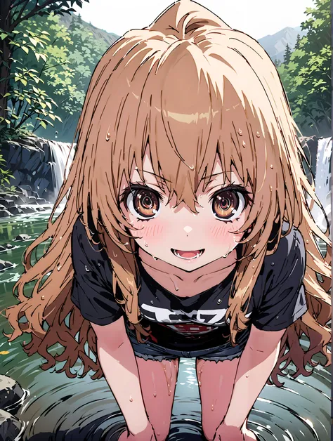 score_9, score_8_up, score_7_up, source_anime,
Taigaisaka, Aisaka Taiga, long hair, brown hair, brown eyes,ponytail,smile,open your mouth,plain black t-shirt,belly button sticking,denim micro shorts,Bare legs,wet skin,wet hair, wet clothes,is standing,riv...