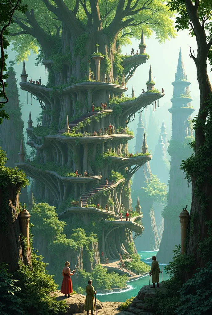 Fantasy capital of Verdant Vale, an elven-inspired city seamlessly integrated into a lush, vine-covered forest. Towering tree-like structures with spiraling staircases and glowing crystal lanterns form the city’s architecture, blending nature and elegance....