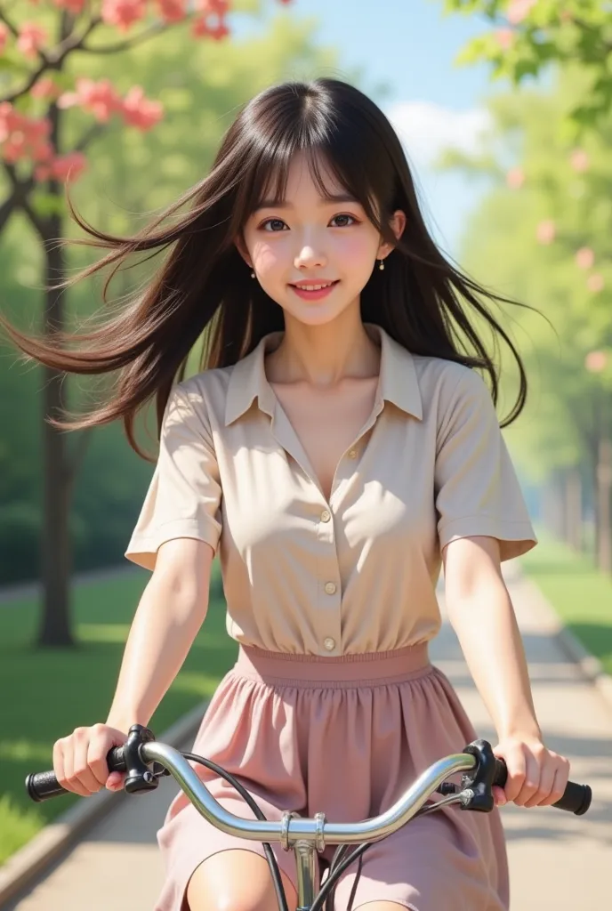 Disney style, 고화질, realistic on the hand, 8k,  Pretty Girl ,  full body,  female student riding a bike, Cute female middle school student riding a bicycle, Take a picture of the whole picture from a distance, anatomically accurate, black and long hair, hai...