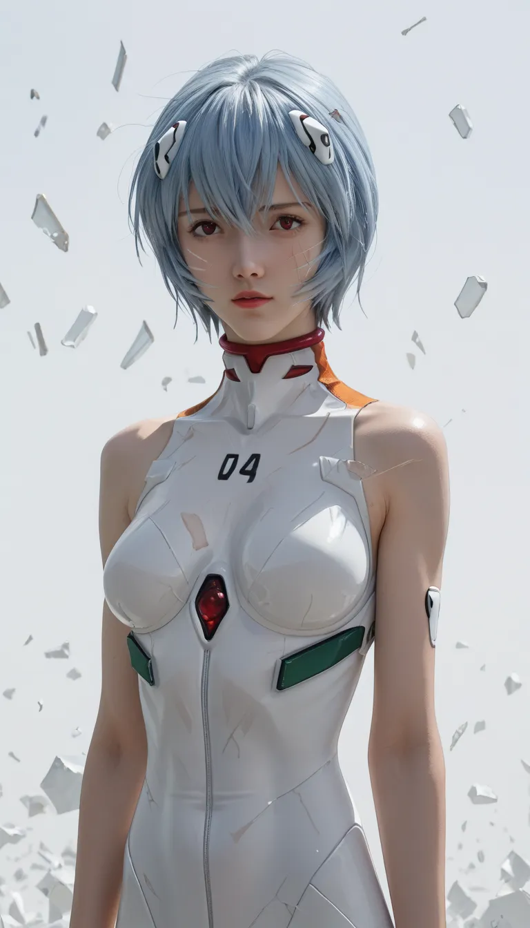 score_9, score_8_up, score_7_up, score_6_up, score_5_up, score_4_up,1girl,r31ayanam1 portrait, 1girl, blue hair, head covering, red eyes, short hair style, white bodysuit, half body, broken glass, simple background, flying glass shards