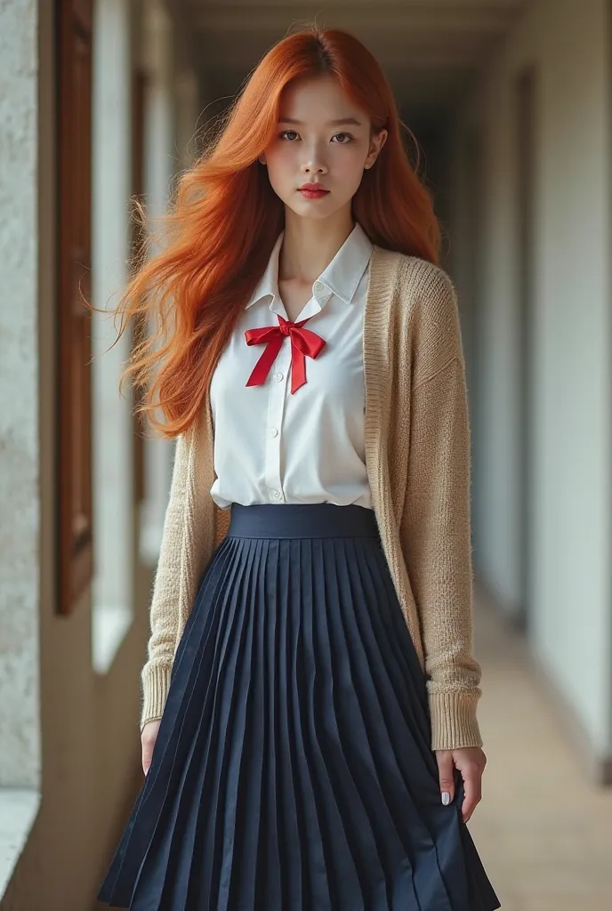 Young adult woman from 12 to , with long hair, smooth and vibrant red, fair skin and realistic features. She has a confident and serene look,  facing directly at the camera .

She wears an elegant outfit consisting of a simple white shirt with a subtle red...