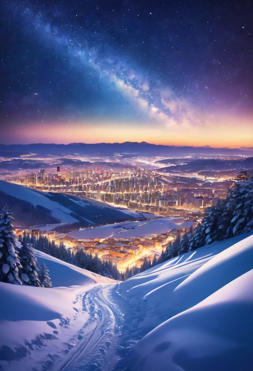 Spectacular views of the fantastic winter starry sky and city lights