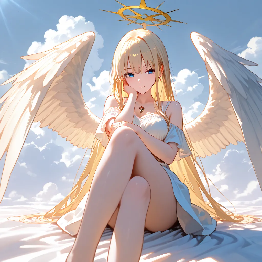 An 18-year-old angel sits on a white cloud, her legs curled toward her face in a cute, peaceful pose. Her blonde hair flows gently with the breeze, and her blue eyes shine with serenity. She wears a white dress with a V-neckline, and her wings shimmer behi...