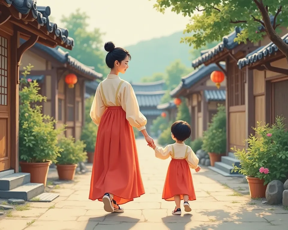 Make a picture of a Korean mother walking hand-in-hand with a , matching the width of her steps