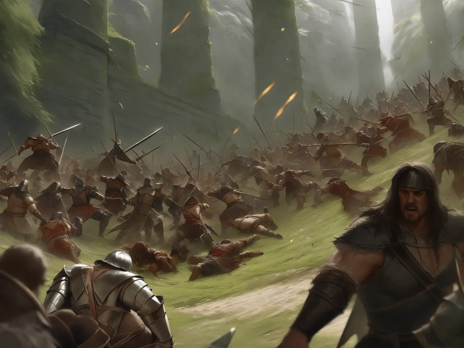 Describe an epic battle involving medieval warrior tribes, under a verdant field filled with battling warriors and some fallen, Shattered to the ground, and countless warriors continue to battle until their last breath, the battle needs to feel fierce with...