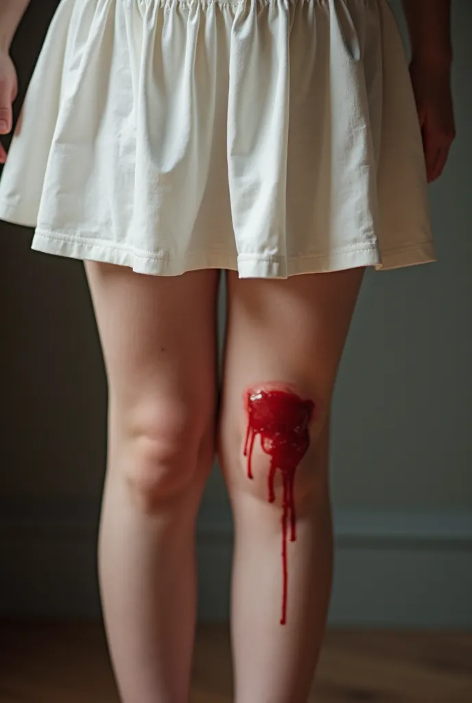 Photograph of the thighs of the legs of a younger girl, legs while wearing a white style skirt "lolita" And innocent and what do you see is a trickle of blood spilling from inside your thighs.