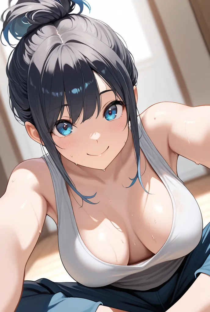 masterpiece , ultra detailed, best quality, solo,hidden hair,older sister,random hairstyle,random hair color,  tank top, large breasts , ,smile, breasts apart, sweat,  dutch angle,  looking at viewer,indian style
