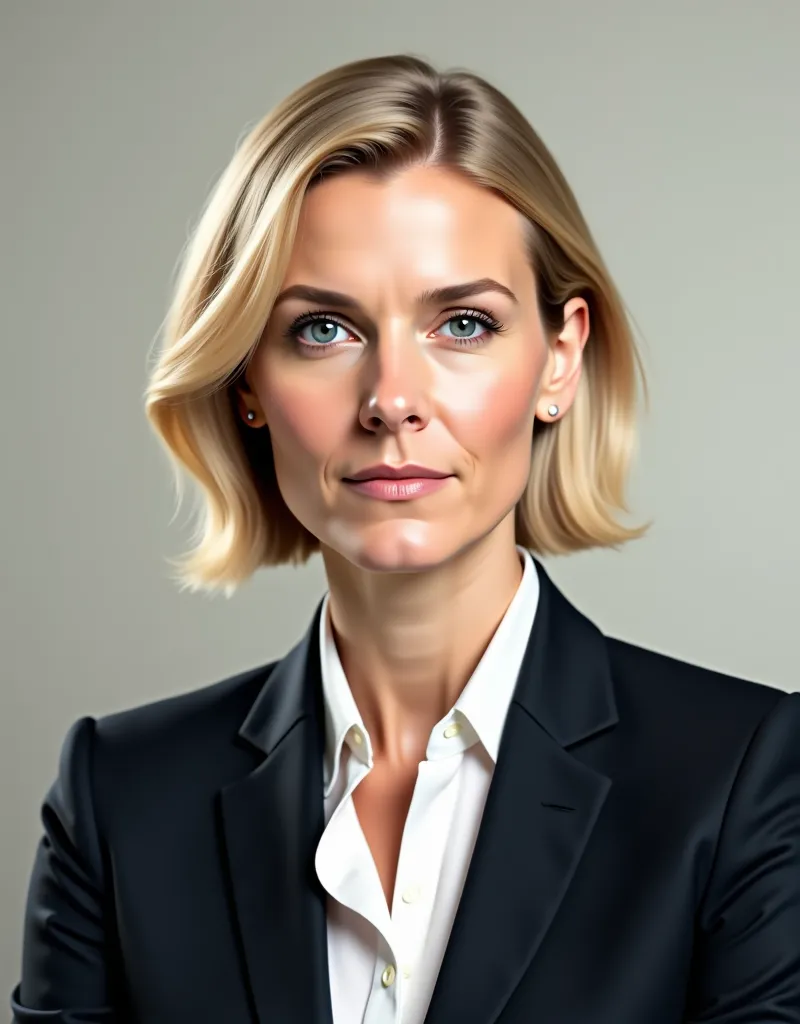 "Hyper-realistic portrait of Alice Weidel, the German politician, with short, straight blonde hair parted to the side. She has fair skin, intense blue eyes, and thin, well-defined eyebrows. Her face is angular, with slightly prominent cheekbones and a seri...