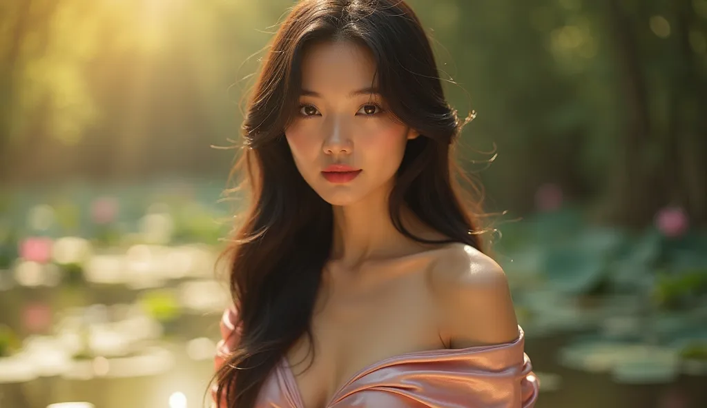 A breathtakingly beautiful Vietnamese woman with long, silky black hair cascading over her shoulders, her face perfectly illuminated by soft, golden light. Her deep, almond-shaped eyes are captivating, gazing directly with an intense yet alluring expressio...