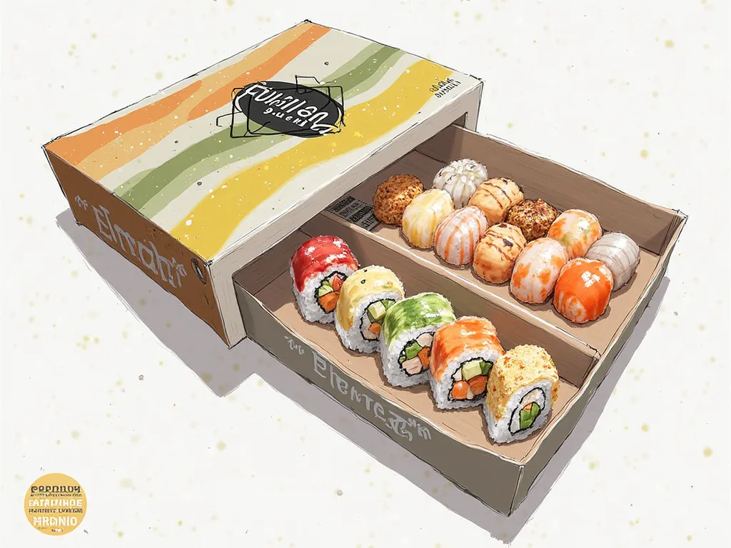 /users/alonsom/Downloads/Umai sushi.png Generate a realistic sketch of an innovative sushi roll called 'Fusion Experience', designed for Umai Sushi Monterrey. The sushi must be presented in modern packaging, organic and with an elegant design. It must incl...