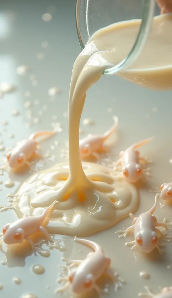 "A hyper-realistic, surreal 4K image of thick, creamy liquid being poured from a transparent glass into a surface covered with tiny, pale, lizard-like creatures. The creatures resemble miniature axolotls with soft, translucent skin, small limbs, and elonga...