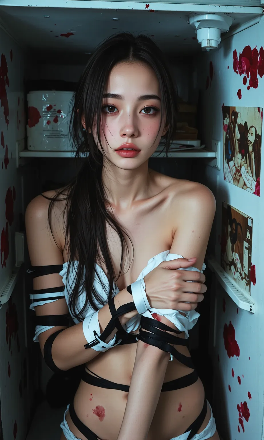 A pretty ****** dead girl with bleeding limbs ,  she's taped up and she's locked in a fridge 