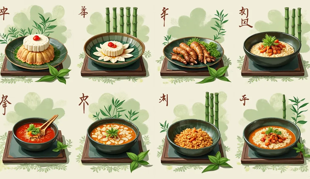 Generate a sheet of 16:9 horizontal menu images，with spring、bamboo、Green themed background，Menu The content is a four-course meal，each dish shows the finished product、matsutake slices、Picture combination of cooking methods，indicate the price，The contents o...