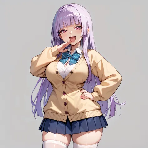 1girl, very long purple hair, hime cut, blunt bangs, pink eyes, big breasts, narrow waist, wide hips, thick thighs, yellow cardigan, long cardigan, long sleeves, collared shirt, white shirt, black pleated miniskirt, white thigh high socks, school uniform, ...