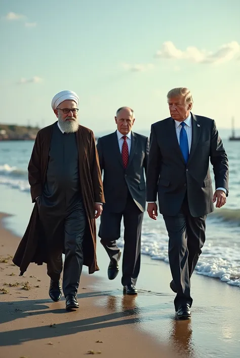 Former Iranian Prime Minister Ebrahim Raisi.and Russian Prime Minister Vladimir Putin are walking together along the seashore.And behind them is US Prime Minister Donald Trump.