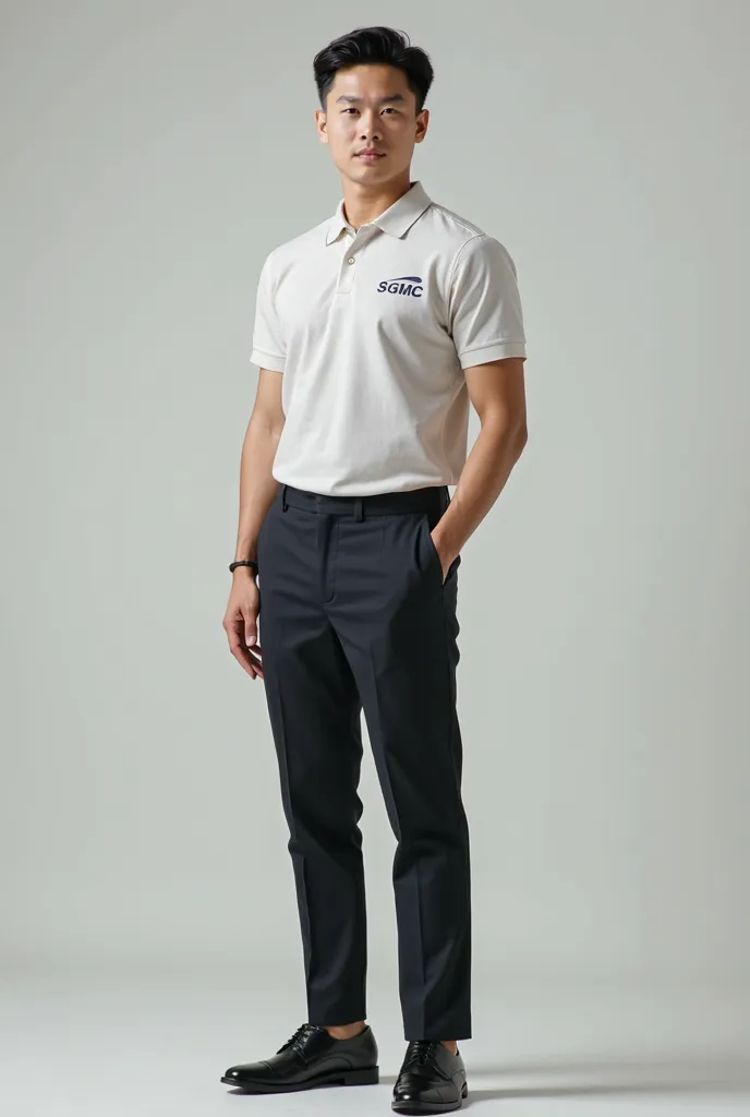 make me Asian man with white fare complexion, not much chubby but much taller wearing polo shirt and professional and shoes and with SGMC logo on the shirt  whole body