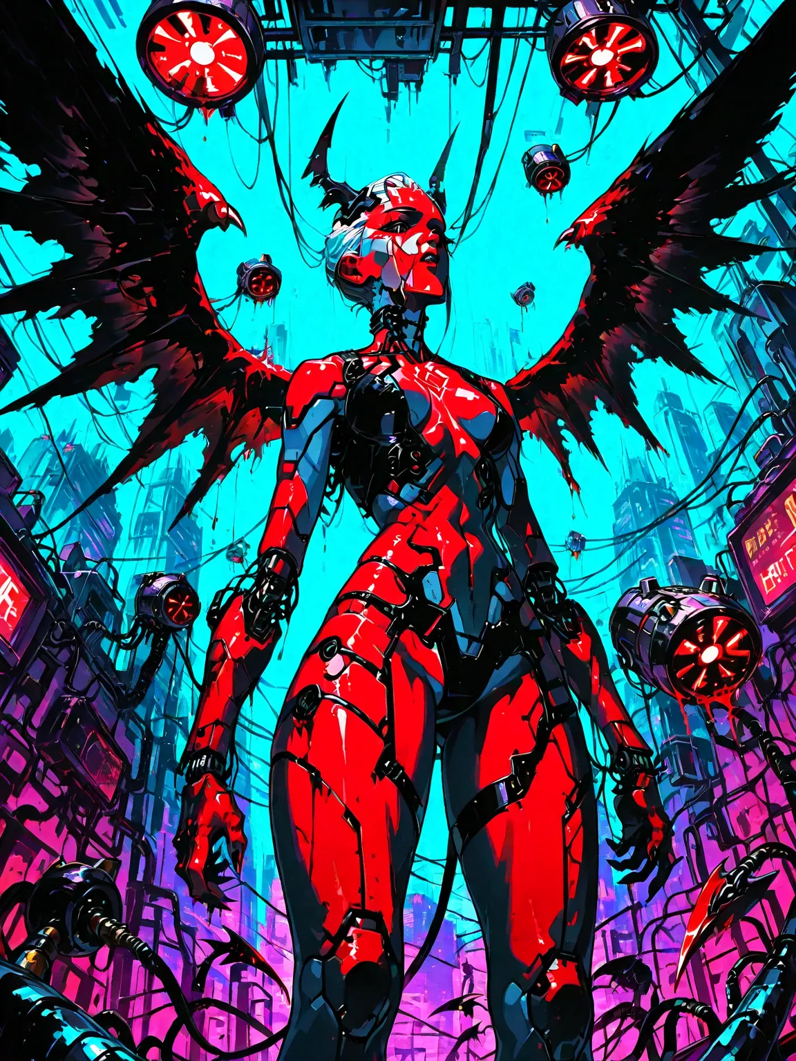 ((foreground))((Flat to face))((low angle)) ((NAKED)): Chica demonio, Red skin, TAIL, black wings ,Horns,  four arms , NAKED,  robotic circuits , breasts, devices futuristic,circuits, blood. Background: cyberpunk city. dark atmosphere.