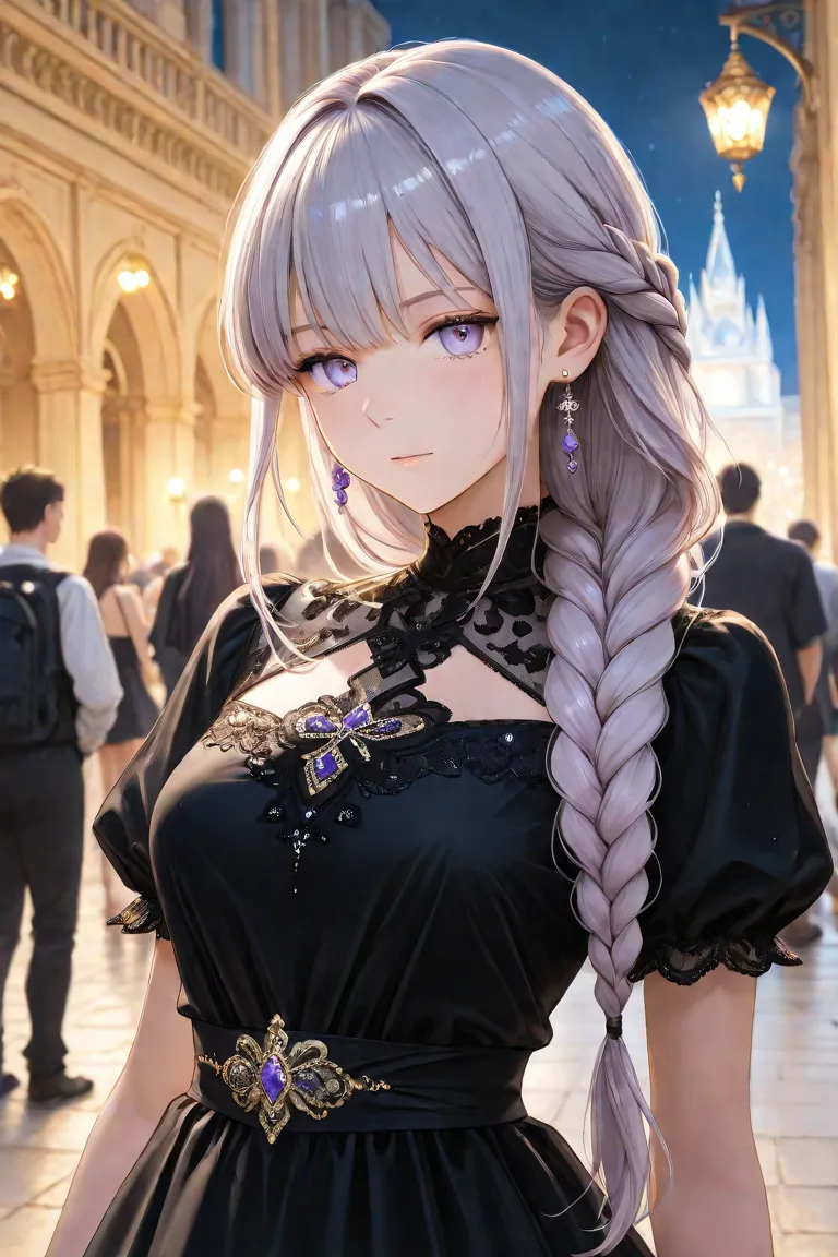  Silver Hair、braided long hair、light purple eyes、Royal Palace、party in public、night、black dress