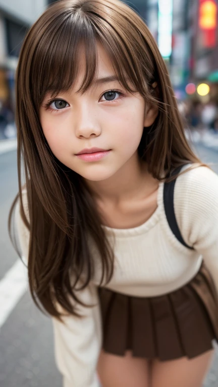 Product quality, 1 girl, Cowboy Shot, Front view, Young and pretty girl in Japan, At night, wearing a fashionable knit sweater, Wearing a mini skirt, (View your audience:1.2), (Looking into the camera:1.5), ((In the city of Ginza)), Super cute face, Glossy...