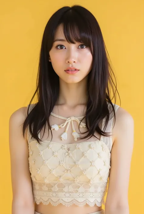 Create a realistic portrait of a beautiful Japanese idol girl in a cowboy shot. She has an elegant oval face, stunning eyes, and semi-long length black hair. Her physique is slim with a small chest and long legs. Dress her in fashionable spring attire agai...